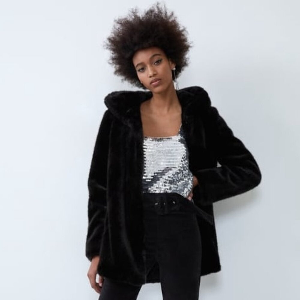 Zara Black Plush Faux Fur Hooded Coat, NWT